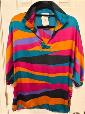 Adrienne (boutique brand) Teal, Purple & Orange Striped Top. Silky material.